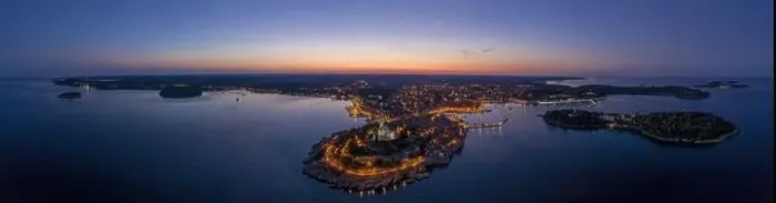 Framed Print : Panoramic aerial drone picture of the historic city Rovinj in Croatia during sunrise in summer