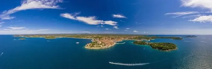 Framed Print : Panoramic aerial drone picture of the historic city Rovinj and harbor in Croatia Framed Print : Panoramic aerial drone picture of the historic city Rovinj and harbor in Croatia