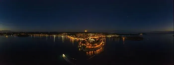 Framed Print : Panoramic aerial drone picture of the historic city Rovinj and harbor with full moon in Croatia during sunset in summer Framed Print : Panoramic aerial drone picture of the historic city Rovinj and harbor with full moon in Croatia during sunset in summer