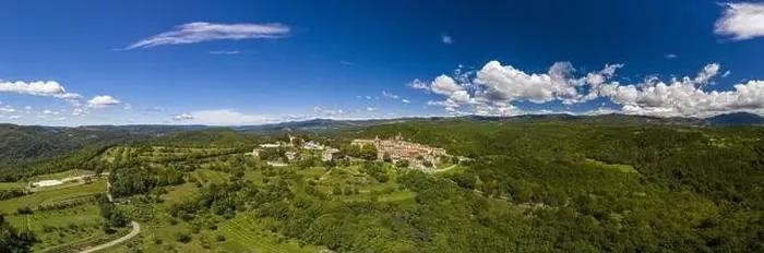 Framed Print : Panoramic aerial drone picture of Hum in Croatia, the smallest city in the world, during daytime in summer Framed Print : Panoramic aerial drone picture of Hum in Croatia, the smallest city in the world, during daytime in summer
