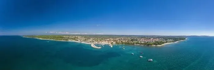 Framed Print : Panoramic aerial drone picture over the Istrian town of Fazana with harbour during daytime Framed Print : Panoramic aerial drone picture over the Istrian town of Fazana with harbour during daytime