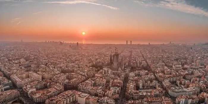 Framed Print : Panoramic aerial drone shot of Barcelona center with beach sunrise Framed Print : Panoramic aerial drone shot of Barcelona center with beach sunrise