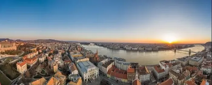 Framed Print : Panoramic aerial drone shot of Budapest skyline sunrise over Danube river with Hungarian Parliament