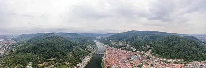 Framed Print : Panoramic aerial drone shot of Heidelberg old town in overcast at foot of Konigstuhl mountain Framed Print : Panoramic aerial drone shot of Heidelberg old town in overcast at foot of Konigstuhl mountain