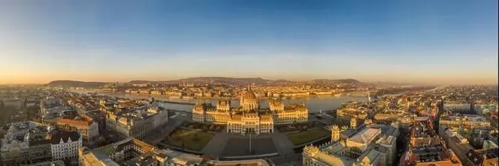 Framed Print : Panoramic aerial drone shot of Hungarian Parliament lights off before sunrise in Budapest dawn Framed Print : Panoramic aerial drone shot of Hungarian Parliament lights off before sunrise in Budapest dawn