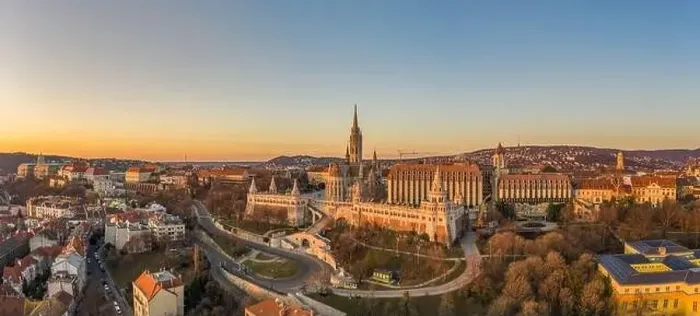 Framed Print : Panoramic aerial drone shot of Matthias churh on buda hill during Budapest sunrise Framed Print : Panoramic aerial drone shot of Matthias churh on buda hill during Budapest sunrise