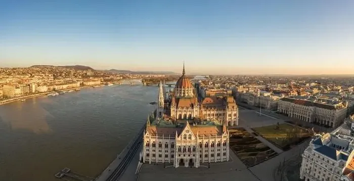 Framed Print : Panoramic aerial drone shot of south side facade of Hungarian Parliament during Budapest sunrise Framed Print : Panoramic aerial drone shot of south side facade of Hungarian Parliament during Budapest sunrise
