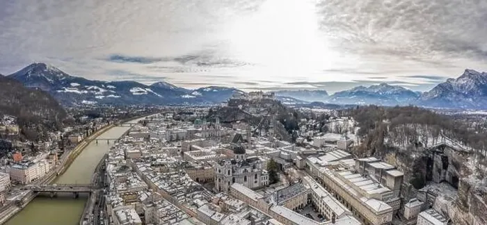 Framed Print : Panoramic aerial drone shot view of snowy salzburg city center with view of Cathdrals and fortress in winter Framed Print : Panoramic aerial drone shot view of snowy salzburg city center with view of Cathdrals and fortress in winter