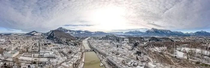 Framed Print : Panoramic aerial drone shot view of snoy Salzburg in winter morning Framed Print : Panoramic aerial drone shot view of snoy Salzburg in winter morning