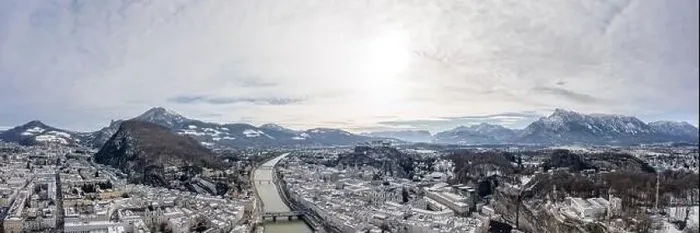 Framed Print : Panoramic aerial drone shot view of snoy Salzburg in winter morning Framed Print : Panoramic aerial drone shot view of snoy Salzburg in winter morning