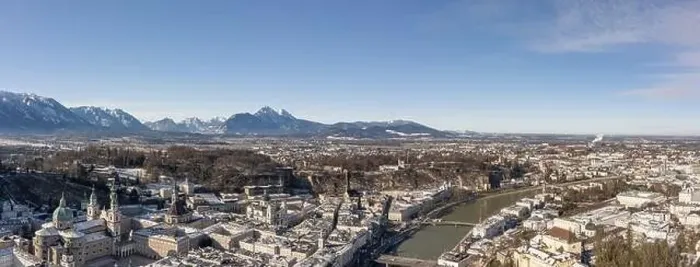 Framed Print : Panoramic aerial drone snowy view of northrn salzburg outskirts in winter morning