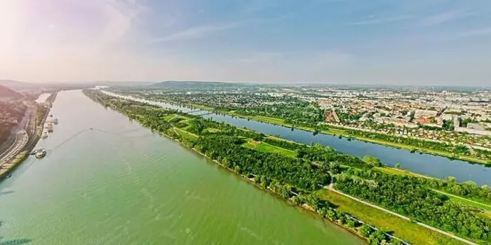 Framed Print : Panoramic Aerial drone view of Danube river in Vienna Austria cityscape with danube island Framed Print : Panoramic Aerial drone view of Danube river in Vienna Austria cityscape with danube island