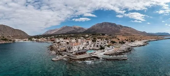 Framed Print : Panoramic aerial drone view of Gerolimenas village at Mani peninsula