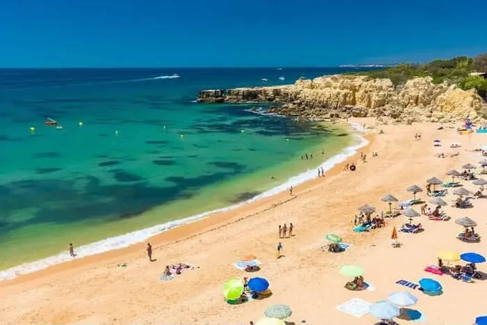 Framed Print : Panoramic aerial drone view of popular Praia do Castelo beach, Albufeira, Algarve, Portugal Framed Print : Panoramic aerial drone view of popular Praia do Castelo beach, Albufeira, Algarve, Portugal