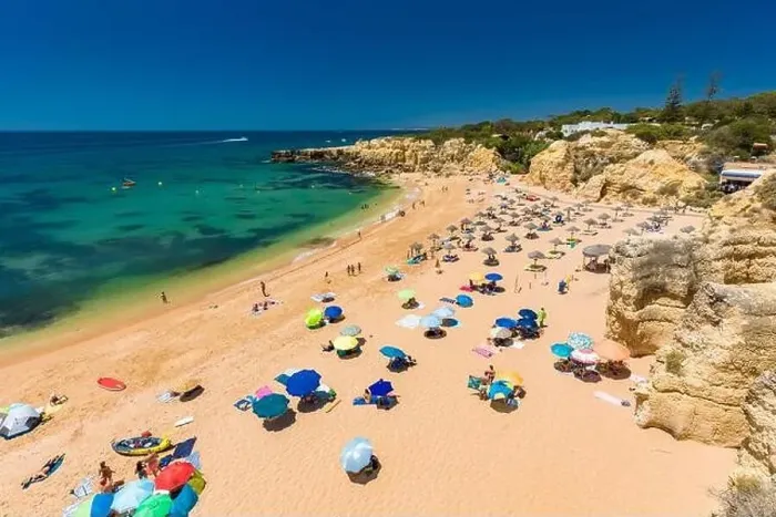 Framed Print : Panoramic aerial drone view of popular Praia do Castelo beach, Albufeira, Algarve, Portugal Framed Print : Panoramic aerial drone view of popular Praia do Castelo beach, Albufeira, Algarve, Portugal