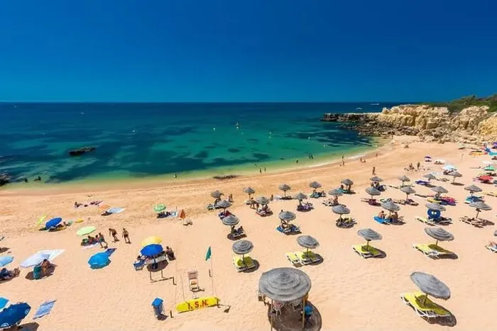 Framed Print : Panoramic aerial drone view of popular Praia do Castelo beach, Albufeira, Algarve, Portugal Framed Print : Panoramic aerial drone view of popular Praia do Castelo beach, Albufeira, Algarve, Portugal