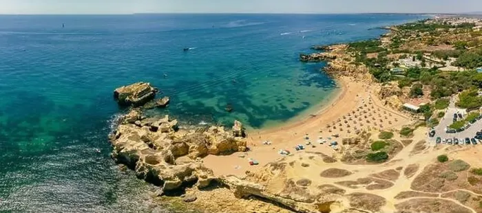 Framed Print : Panoramic aerial drone view of popular Praia do Castelo beach, Albufeira, Algarve, Portugal Framed Print : Panoramic aerial drone view of popular Praia do Castelo beach, Albufeira, Algarve, Portugal