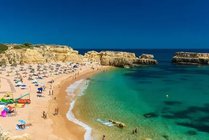 Framed Print : Panoramic aerial drone view of popular Praia do Castelo beach, Albufeira, Algarve, Portugal Framed Print : Panoramic aerial drone view of popular Praia do Castelo beach, Albufeira, Algarve, Portugal