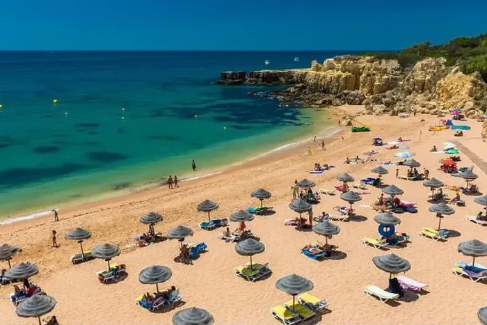 Framed Print : Panoramic aerial drone view of popular Praia do Castelo beach, Albufeira, Algarve, Portugal Framed Print : Panoramic aerial drone view of popular Praia do Castelo beach, Albufeira, Algarve, Portugal