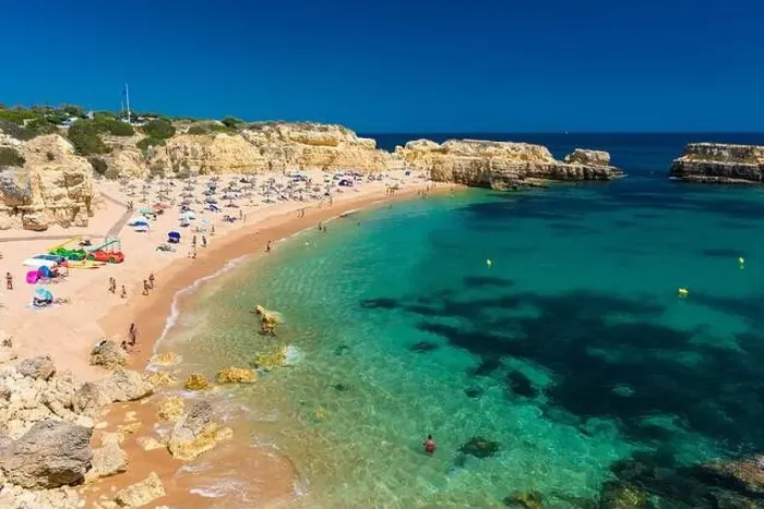 Framed Print : Panoramic aerial drone view of popular Praia do Castelo beach, Albufeira, Algarve, Portugal Framed Print : Panoramic aerial drone view of popular Praia do Castelo beach, Albufeira, Algarve, Portugal