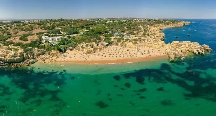 Framed Print : Panoramic aerial drone view of popular Praia do Castelo beach, Albufeira, Algarve, Portugal Framed Print : Panoramic aerial drone view of popular Praia do Castelo beach, Albufeira, Algarve, Portugal