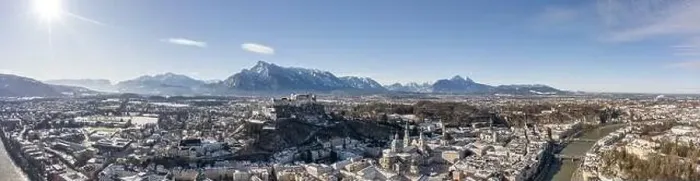 Framed Print : Panoramic aerial drone view of snowy Salzburg old town with river and Unesberg mountain in winter morning Framed Print : Panoramic aerial drone view of snowy Salzburg old town with river and Unesberg mountain in winter morning