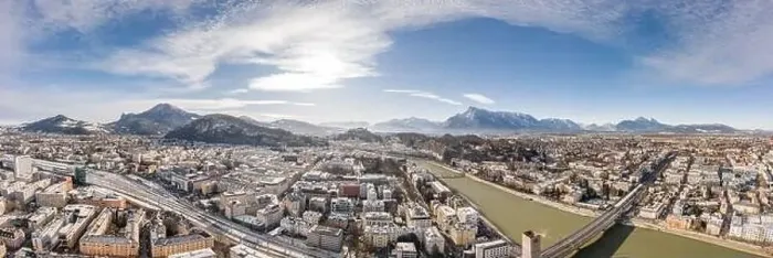 Framed Print : Panoramic aerial drone view of snowy Salzburg old town with river and Unesberg mountain in winter morning Framed Print : Panoramic aerial drone view of snowy Salzburg old town with river and Unesberg mountain in winter morning