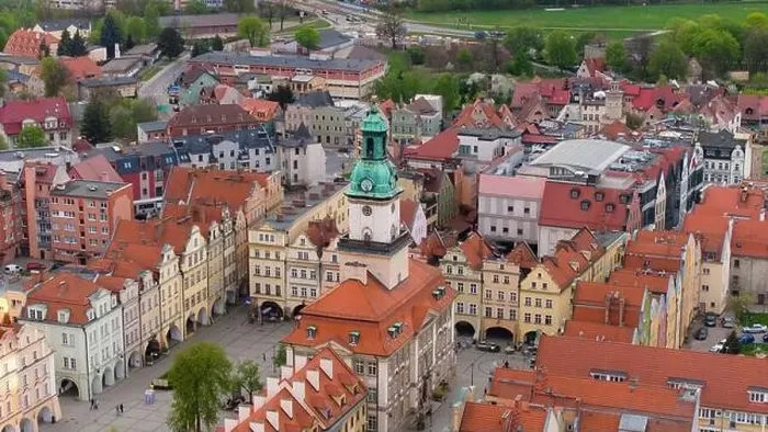 Framed Print : Panoramic aerial image displays the picturesque setting of Jelenia Góra's market square Framed Print : Panoramic aerial image displays the picturesque setting of Jelenia Góra's market square