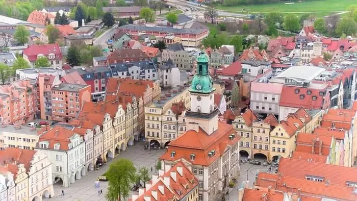Framed Print : Panoramic aerial image displays the picturesque setting of Jelenia Góra's market square