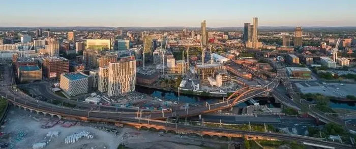 Framed Print : Panoramic aerial image of Manchester city centre with Ordsall Chord and the construction of Manchester Goods Yard Framed Print : Panoramic aerial image of Manchester city centre with Ordsall Chord and the construction of Manchester Goods Yard