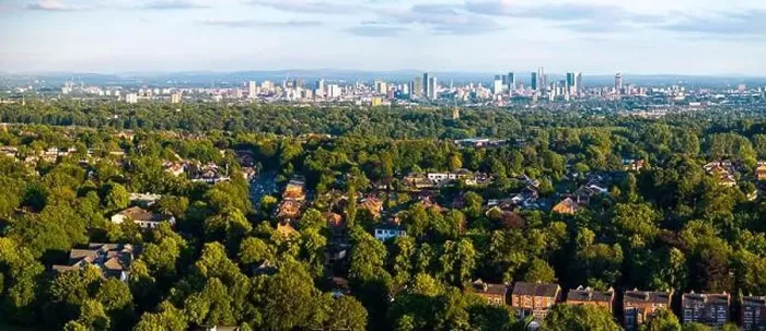 Framed Print : Panoramic aerial image of Manchester skyline photographed from Prestwich, Greater Manchester