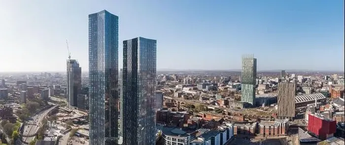 Framed Print : Panoramic aerial photograph of Deansgate Square residential towers with Crown Street Framed Print : Panoramic aerial photograph of Deansgate Square residential towers with Crown Street