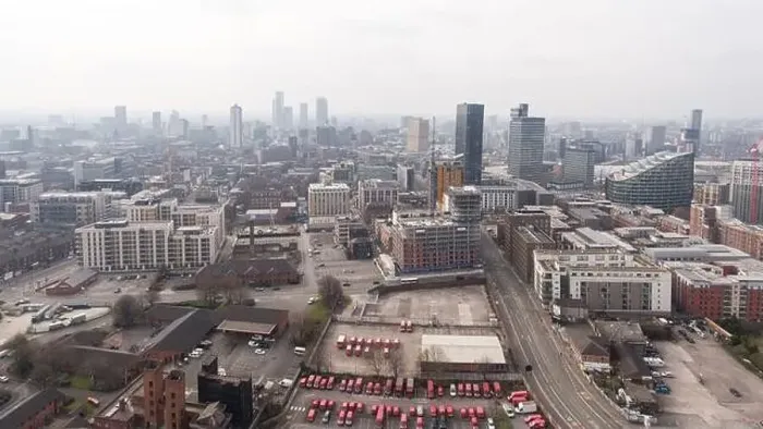 Framed Print : Panoramic aerial photograph of a hazy Manchester city centre, UK taken from the east looking west Framed Print : Panoramic aerial photograph of a hazy Manchester city centre, UK taken from the east looking west