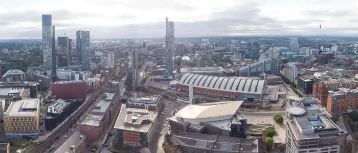 Framed Print : Panoramic aerial photograph of Manchester city centre