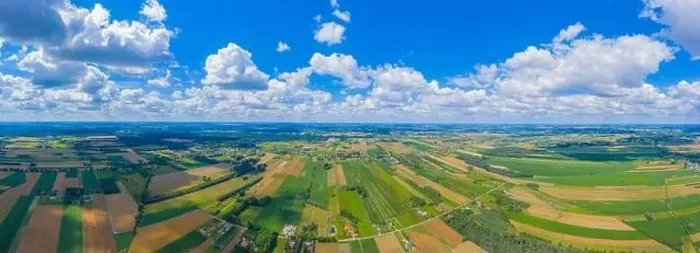Framed Print : Panoramic Aerial vast green field view - Agriculture field aerial photo - Green landscapes drone photo