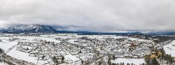 Framed Print : Panoramic aerial view of Austrian Alps valley village near Untersberg mountain Framed Print : Panoramic aerial view of Austrian Alps valley village near Untersberg mountain
