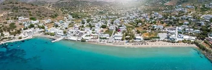 Framed Print : Panoramic aerial view of the bay and beach at Kini, Siros island Framed Print : Panoramic aerial view of the bay and beach at Kini, Siros island
