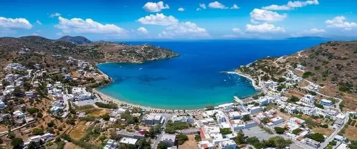 Framed Print : Panoramic aerial view of the bay and beach at Kini, Siros island Framed Print : Panoramic aerial view of the bay and beach at Kini, Siros island