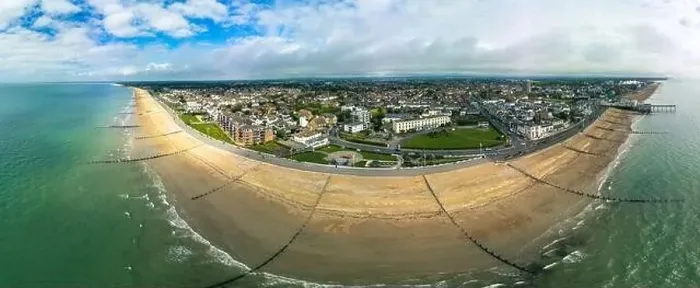 Framed Print : Panoramic aerial done view of Bognor Regis beach, West Sussex, England UK Framed Print : Panoramic aerial done view of Bognor Regis beach, West Sussex, England UK