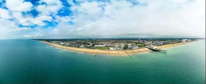 Framed Print : Panoramic aerial done view of Bognor Regis beach, West Sussex, England UK Framed Print : Panoramic aerial done view of Bognor Regis beach, West Sussex, England UK