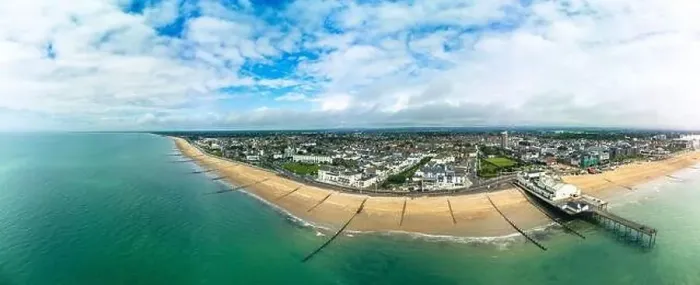 Framed Print : Panoramic aerial done view of Bognor Regis beach, West Sussex, England UK Framed Print : Panoramic aerial done view of Bognor Regis beach, West Sussex, England UK