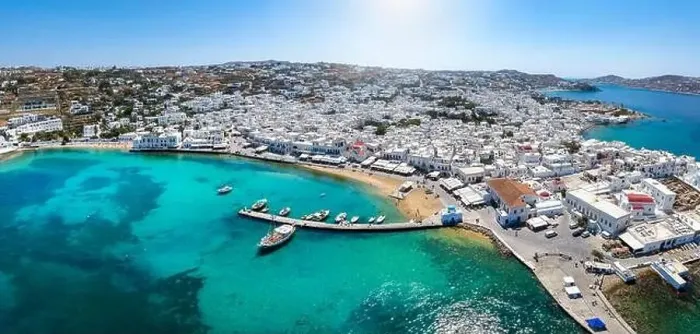 Framed Print : Panoramic aerial view of the city and old harbor of Mykonos island Framed Print : Panoramic aerial view of the city and old harbor of Mykonos island