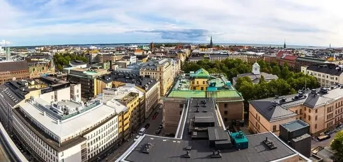Framed Print : Panoramic aerial view of Helsinki city, capital of Finland. Baltic sea on background