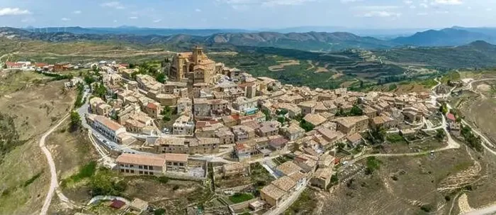 Framed Print : Panoramic aerial view of the hilltop medieval village of Ujue in Navarra Framed Print : Panoramic aerial view of the hilltop medieval village of Ujue in Navarra