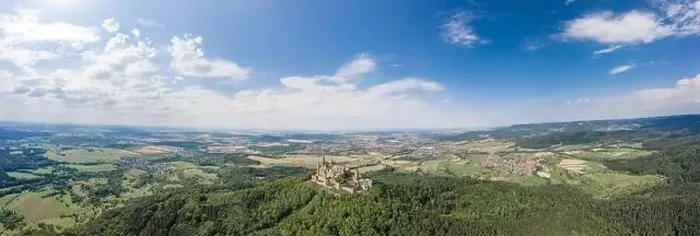 Framed Print : Panoramic aerial view of Hohenzollern hill with castle at summer noon near Stuttgart in Germany Framed Print : Panoramic aerial view of Hohenzollern hill with castle at summer noon near Stuttgart in Germany