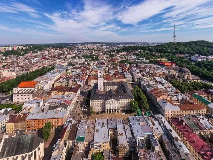 Framed Print : Panoramic aerial view of houses in historical old district of Lviv Framed Print : Panoramic aerial view of houses in historical old district of Lviv