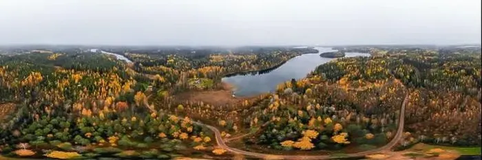 Framed Print : Panoramic aerial view of lake and colorful forests on a autumn day in Finland. Drone photography Framed Print : Panoramic aerial view of lake and colorful forests on a autumn day in Finland. Drone photography