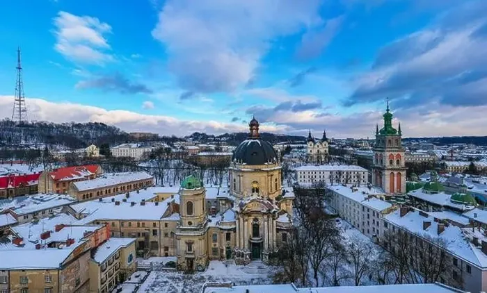 Framed Print : Panoramic aerial view on Lviv in winter from drone Framed Print : Panoramic aerial view on Lviv in winter from drone