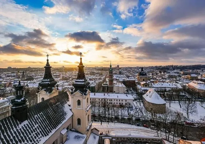 Framed Print : Panoramic aerial view on Lviv in winter from drone Framed Print : Panoramic aerial view on Lviv in winter from drone