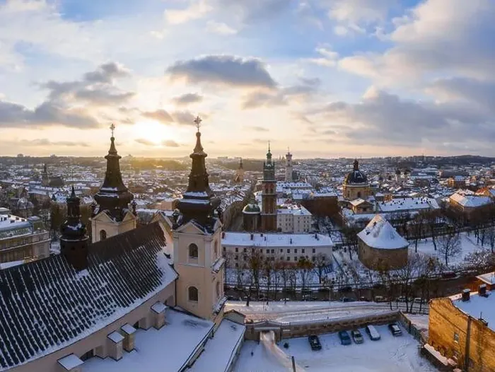 Framed Print : Panoramic aerial view on Lviv in winter from drone Framed Print : Panoramic aerial view on Lviv in winter from drone